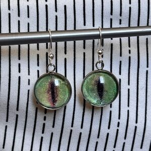 Green Mythical Creature Cat Eye Silver Drop Earrings